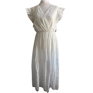 Made in Italy White Eyelet Ruffled Sleeve Elastic Waist Maxi Dress w Slit Sz S/M